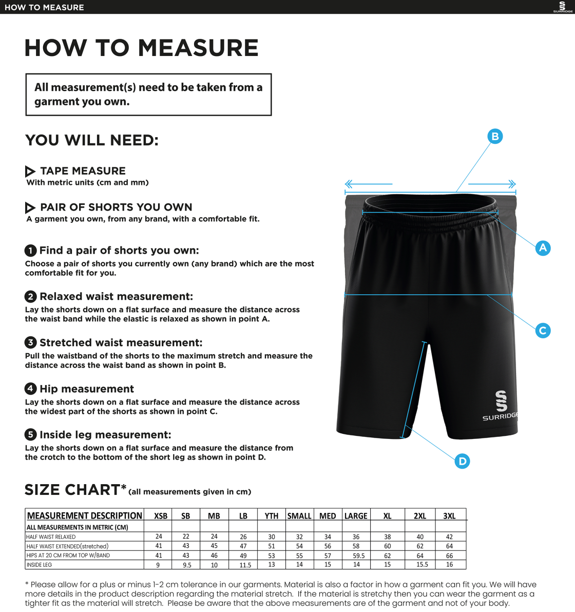 Carlisle Hockey Club Shorts - Size Guide