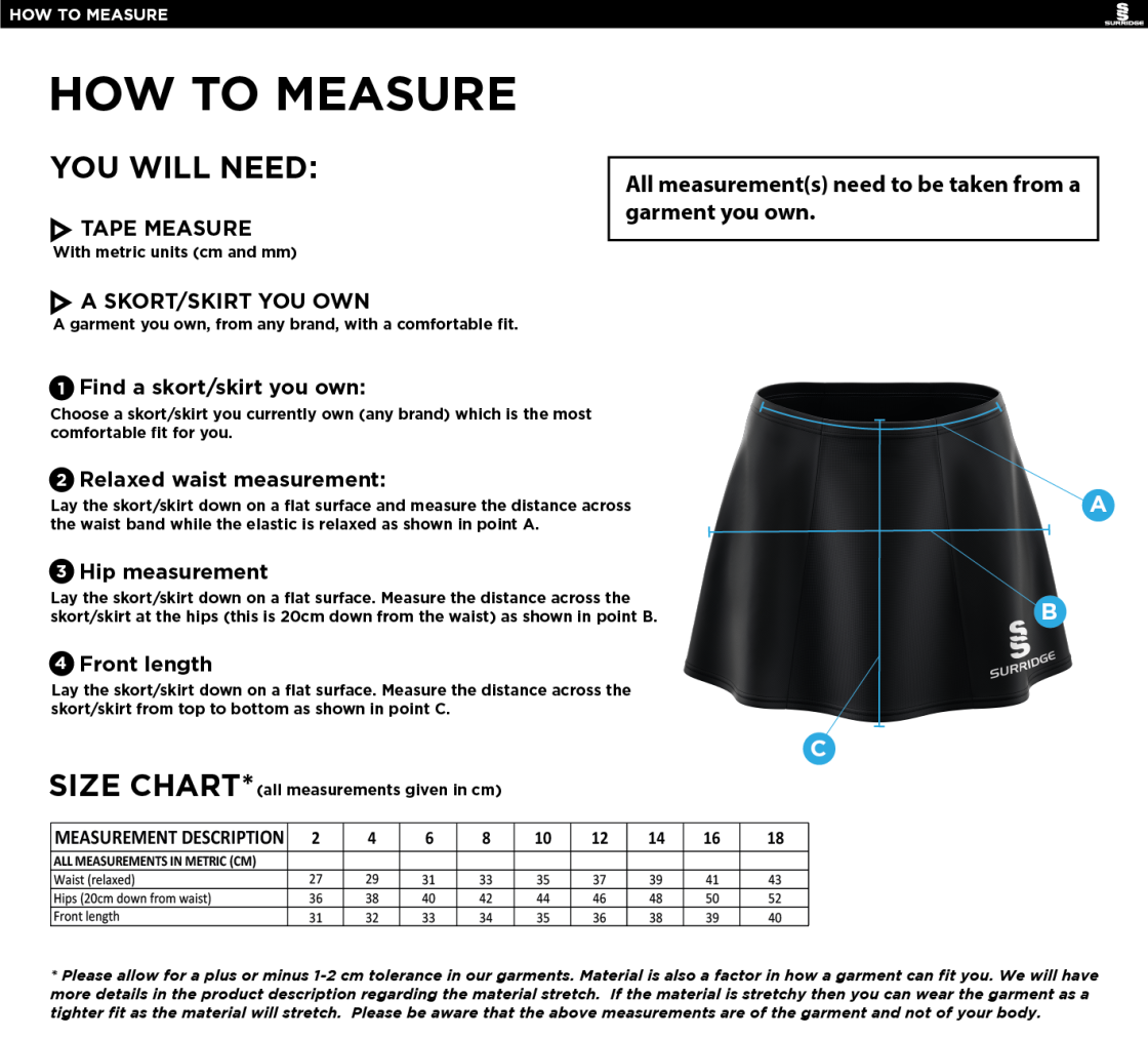 Carlisle Hockey Club Skort - Size Guide