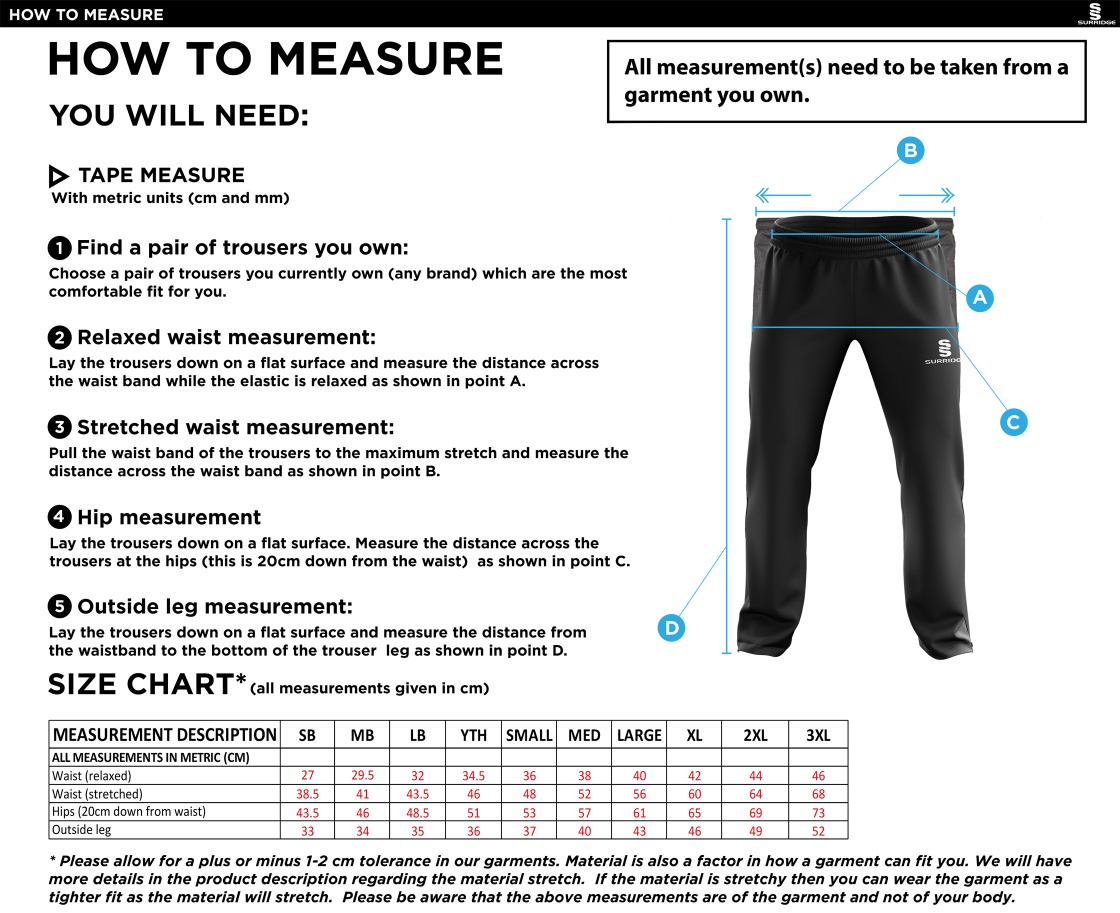 Carlisle Hockey Club Rip Stop Track Pant : Navy - Size Guide