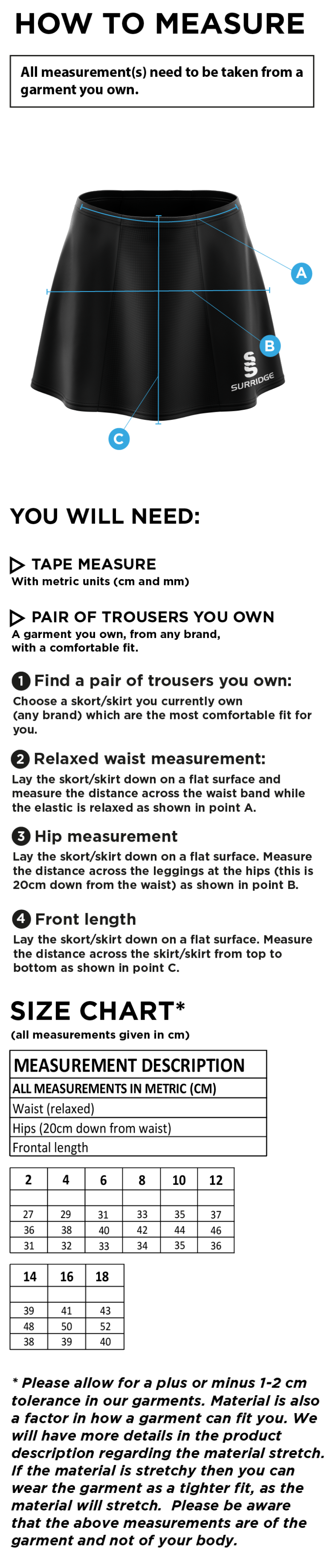 Carlisle Hockey Club Skort - Size Guide